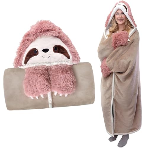 ARRITS Tragbare Decke Faultier - Rosa Faultier Geschenk für Frauen - Cartoon Faultier Kuscheldecke mit Ärmeln 150x130cm - Sherpa Wolle und Bequem Flanell Niedliches Tiermuster Kuscheldecke von ARRITS