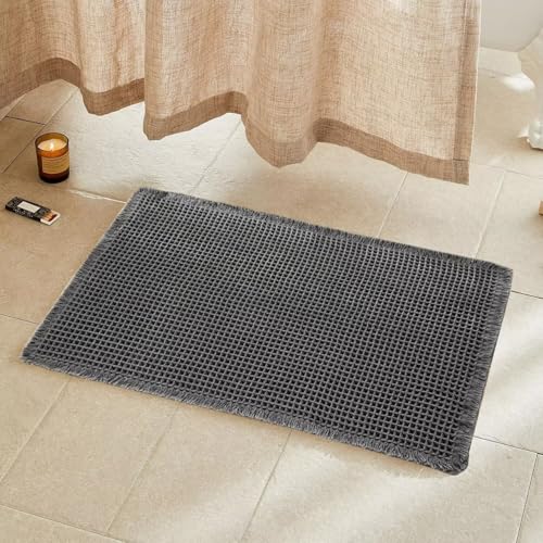 ARRITS Waffle Badematte 61x183cm Dunkelgrau Lange Superabsorbierende rutschfest Boho Waffle Badteppich Waschbar Weich Bauernhaus Badezimmerteppich Duschvorleger für Badezimmerboden Badvorleger Deko von ARRITS