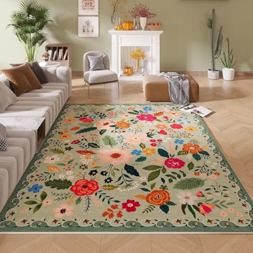 ARRITS Waschbarer Teppich Blumenmuster 140x200cm Grün Neutral Vintage Boho Blumen Rugs for Living Room Weicher rutschfest Kurzflor Teppiche Wohnzimmer Schlafzimmer Esszimmer Bedroom Büro Groß Carpet von ARRITS