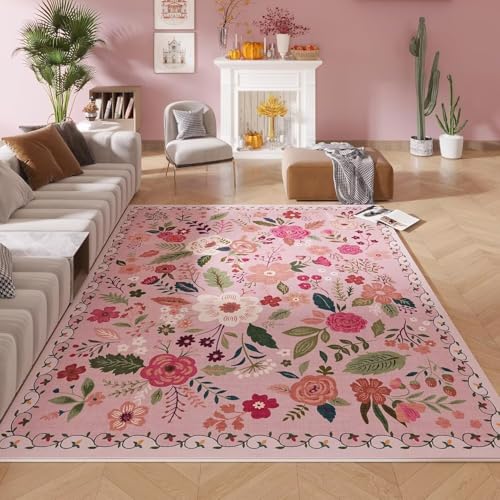 ARRITS Waschbarer Teppich Blumenmuster 140x200cm Rosa Neutral Vintage Boho Blumen Rugs for Living Room Weicher rutschfest Kurzflor Teppiche Wohnzimmer Schlafzimmer Esszimmer Bedroom Büro Groß Carpet von ARRITS