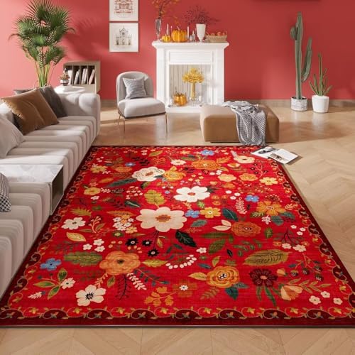 ARRITS Waschbarer Teppich Blumenmuster 160x230cm Rot Neutral Vintage Boho Blumen Rugs for Living Room Weicher rutschfest Kurzflor Teppiche Wohnzimmer Schlafzimmer Esszimmer Bedroom Büro Groß Carpet von ARRITS