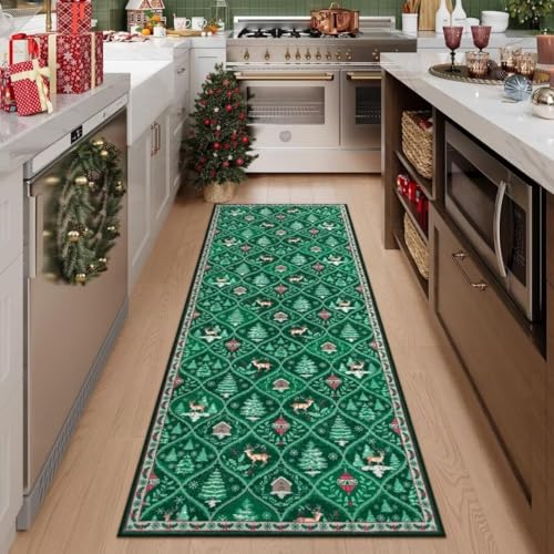 ARRITS Weihnachten Teppich Läufer Flur 80x160 cm, Weihnachten Elchhirsch Baum Teppiche Kurzflor Teppich Grün, Weihnachten Küchenteppich rutschfest Waschbar, Weich Weihnachtsteppich Weihnachtsdeko von ARRITS