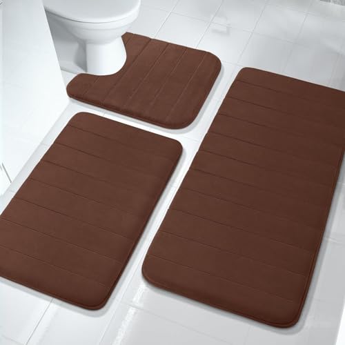 Badezimmerteppich Set 3 Teilig, Memory Foam Badematte Set Rutschfest Waschbar, Super Saugfähiger Weich Badvorleger Maschinenwaschbar und Toilettenmatte für Dusche, Badewanne und Wc (Kaffeefarbe) von ARRITS