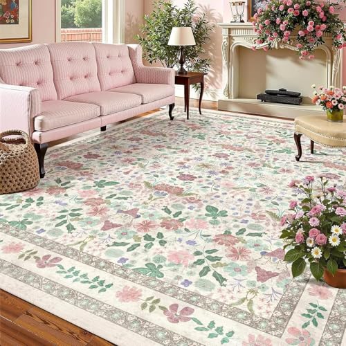 Blumen Teppich 180x240cm Beige Rosa Vintage Boho Waschbar Rutschfest Wohnzimmerteppich Weiche Kurzflor Farbenfrohe Dünne Schlafzimmer Bodenmatte Für Esszimmer Spielzimmer Kinderzimmer Bauernhaus von ARRITS