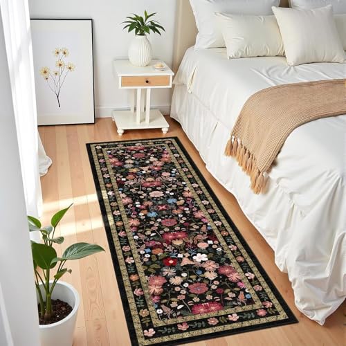 Blumen Teppich Läufer Flur 80x160 cm für Küche Schlafzimmer Vintage Boho Waschbarer Badezimmer Küchenteppich Rutschfest Weicher Dünner Kurzflor Runner Rug für Flure Waschküche Bauernhaus, Schwarz Blumen Teppich Läufer Flur 80x160 cm für Küche Schlafzimmer Vintage Boho Waschbarer Badezimmer Küchenteppich Rutschfest Weicher Dünner Kurzflor Runner Rug für Flure Waschküche Bauernhaus, Schwarz von ARRITS