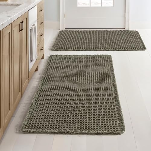 Boho Waffle Badteppich Set 2 Teilig 43x61cm Dunkelgrün Super Saugfähiger Weich Waffle Badematte Set Rutschfest Waschbar Badvorleger Badezimmerteppich mit Quasten Duschvorleger für Badezimmerboden von ARRITS