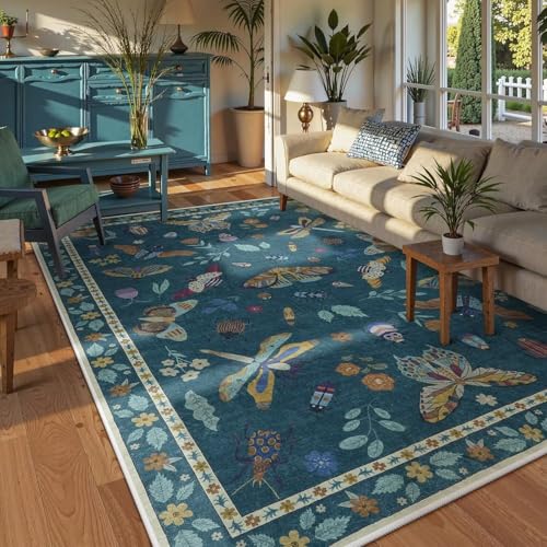 Frühling Sommer Vintage Bauernhaus Insekten Schmetterling Bedruckt Extra Große Blau Teppich, Waschbar Weiche Rutschfest Kurzflor Teppich Wohnzimmer Schlafzimmer Kinderzimmer Home Deko 180x240cm von ARRITS