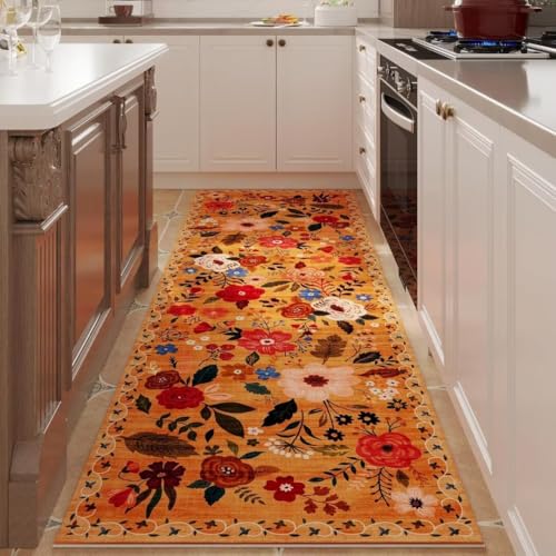 Orange Läufer Teppich 60x160 cm – Waschbar & Rutschfest mit Gummirücken – Vintage Blumen Boho Design – Weicher Kurzflor Flurläufer für Flur, Küche, Schlafzimmer – Schnelltrocknend & Staubresistent Orange Läufer Teppich 60x160 cm – Waschbar & Rutschfest mit Gummirücken – Vintage Blumen Boho Design – Weicher Kurzflor Flurläufer für Flur, Küche, Schlafzimmer – Schnelltrocknend & Staubresistent von ARRITS