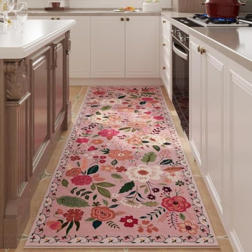 Rosa Läufer Teppich 90x150 cm – Waschbar & Rutschfest mit Gummirücken – Vintage Blumen Boho Design – Weicher Kurzflor Flurläufer für Flur, Küche, Schlafzimmer – Schnelltrocknend & Staubresistent von ARRITS