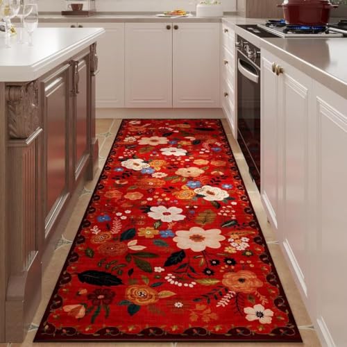 Rot Läufer Teppich 60x160 cm – Waschbar & Rutschfest mit Gummirücken – Vintage Blumen Boho Design – Weicher Kurzflor Flurläufer für Flur, Küche, Schlafzimmer – Schnelltrocknend & Staubresistent Rot Läufer Teppich 60x160 cm – Waschbar & Rutschfest mit Gummirücken – Vintage Blumen Boho Design – Weicher Kurzflor Flurläufer für Flur, Küche, Schlafzimmer – Schnelltrocknend & Staubresistent von ARRITS