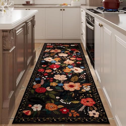Schwarz Waschbarer Läufer Teppich Flur 80x240cm Vintage Blumen Boho Teppich Weich Rutschfest Blumenmuster Bettvorleger Kurzflor Flurläufer Teppiche für Küchen Wohnzimmer Schlafzimmer Badezimmer von ARRITS
