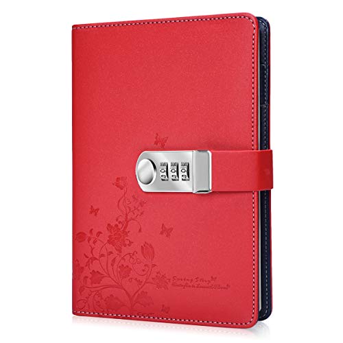 ARRLSDB Tagebuch aus PU-Leder mit Schloss, A5 Größe Tagebuch mit Zahlenschloss, Passwort Notizbuch, abschließbar, persönliches Tagebuch (rot) von ARRLSDB