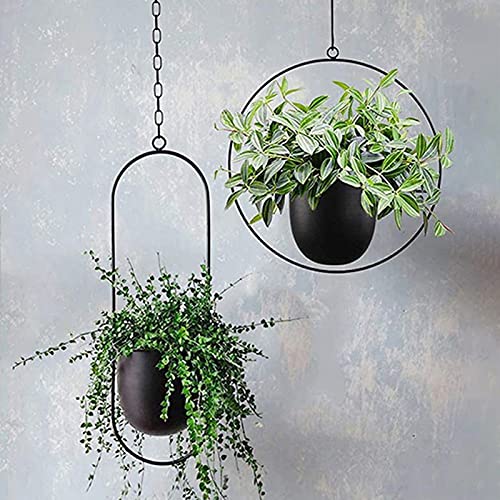 ARSBORUI Hängend Blumenampel Metall Blumentopf Schwarz Pflanzenampel Modern Deko Hängeblumentopf Hängeampel für Innen Außen Decken Balkone Wanddekoration (Rund+Oval) von ARSBORUI