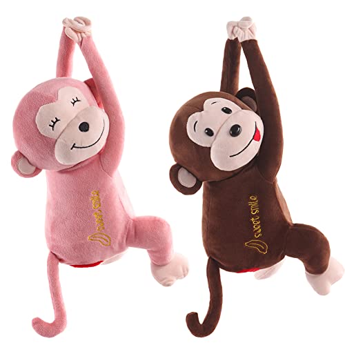 ARSBORUI Taschentuchbox AFFE Taschentuchspender Auto Serviettenbox Niedliche Auto Taschentuchbox Kosmetiktücherbox Hängende Plüsch AFFE Taschentuchhalter Kreative Tier Monkey Tissue Box (Kaffee+Rosa) von ARSBORUI