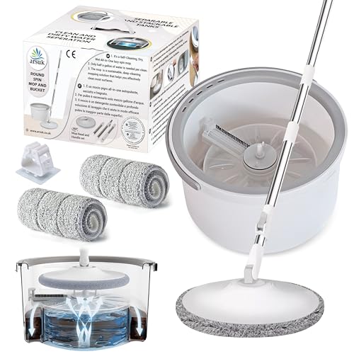 ARSUK Spin Mop Eimer und Bodenreinigungsset | Getrennte Mechanik für sauberes und schmutziges Wasser | 2L Kompaktdesign, 2 Mikrofasertücher, 118cm Edelstahl-Teleskopstiel | Ideal für den Haushalt von ARSUK