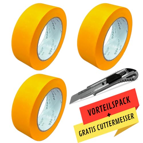 ART COLOR 3x Profi Goldband 38mm x 50m inkl. Cuttermesser - Maler Klebeband für exakte Farbkanten - UV beständiges Abklebeband - Alu Teppichmesser von ART COLOR