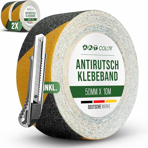 ART COLOR Antirutsch Klebeband Schwarz/Gelb 50mm x 10m, 2 Rollen inkl. Cuttermesser – Selbstklebendes Grip Tape rutschhemmend für Innen & Außen von ART COLOR