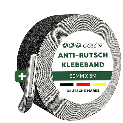 ART COLOR Antirutsch Klebeband Schwarz 50mm x 5m inkl. Cuttermesser – Selbstklebendes Grip Tape rutschhemmend für Innen & Außen, von ART COLOR