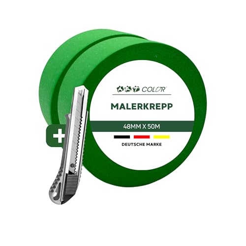 ART COLOR Malerkrepp Set – 2 Rollen Kreppband 48mm x 50m inkl. Cuttermesser – Hochwertiges Abklebeband für saubere Farbkanten von ART COLOR