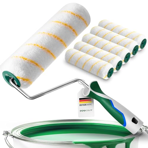 Farbwalzen Set 5 Stück mit Bügel – 25 cm Gelbfaden Farbroller mit 12 mm Flor | 3K Griff & Stilaufnahme | Malerrollen für Wandfarbe | Profi-Malerwerkzeug für Innenbereich Farbwalzen Set 5 Stück mit Bügel – 25 cm Gelbfaden Farbroller mit 12 mm Flor | 3K Griff & Stilaufnahme | Malerrollen für Wandfarbe | Profi-Malerwerkzeug für Innenbereich von ART COLOR