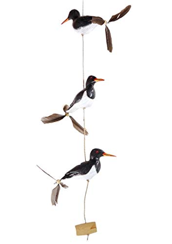 ART-CRAFT Austernfischer Windspiel mit 3 Deko Vögel incl. Feder Propeller Holz Tierfiguren als Maritime deko, Balkon deko oder als Garten Dekoration Plus 3 x Ersatzfedern von ART-CRAFT