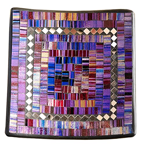 ART-CRAFT Dekoschale Mosaikschale Violett mit Spiegel Tonschale Schlüsselschale aus Terracotta mit handbemalten Glaselementen zu einem schönen Muster von Hand gearbeitet von ART-CRAFT