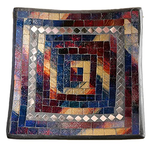 ART-CRAFT Dekoschale Mosaikschale blau rot mit Spiegel Tonschale Schlüsselschale aus Terracotta mit handbemalten Glaselementen zu einem schönen Muster von Hand gearbeitet von ART-CRAFT