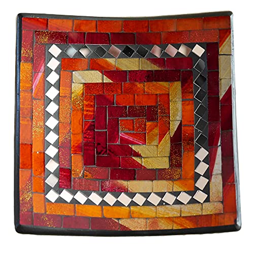 ART-CRAFT Dekoschale Mosaikschale orange mit Spiegel Tonschale Schlüsselschale aus Terracotta mit handbemalten Glaselementen zu einem schönen Muster von Hand gearbeitet von ART-CRAFT