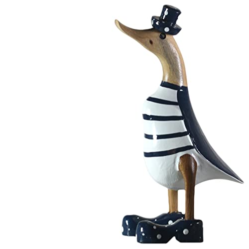 ART-CRAFT Holz Ente Lauf Ente Gartendeko Figur aus Bambus Wurzel und Teak Holz Geringelt blau handbemalt 25cm hoch von ART-CRAFT