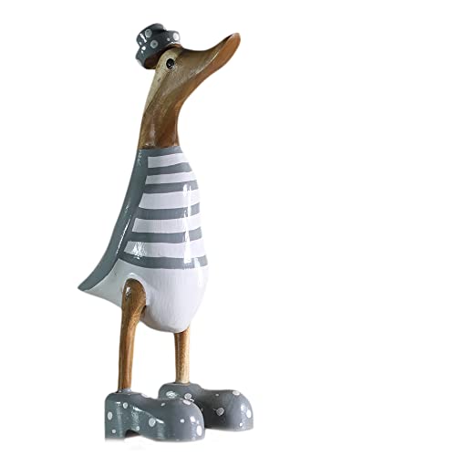 ART-CRAFT Holz Ente Lauf Ente Gartendeko Figur aus Bambus Wurzel und Teak Holz Geringelt grau handbemalt 25cm hoch von ART-CRAFT