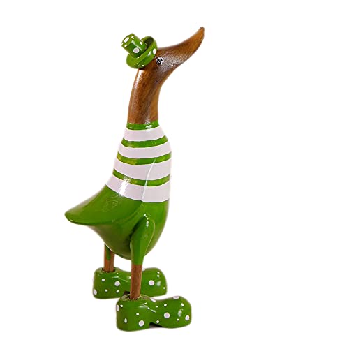 ART-CRAFT Holz Ente Lauf Ente Gartendeko Figur aus Bambus Wurzel und Teak Holz Geringelt grün handbemalt 25cm hoch von ART-CRAFT