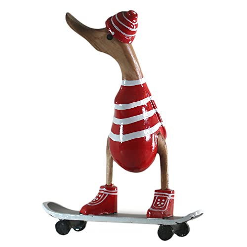 ART-CRAFT Holz Ente Lauf Ente Gartendeko Figur aus Bambus Wurzel und Teak Holz Skater rot handbemalt 25cm hoch von ART-CRAFT