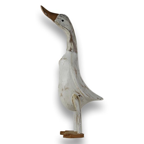 ART-CRAFT Holz Ente Lauf Ente Gartendeko Figur aus Bambus Wurzel und Teak Holz White Wash 35cm von ART-CRAFT