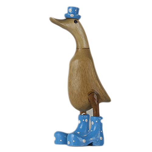 ART-CRAFT Holz Ente Lauf Ente Gartendeko Figur aus Bambus Wurzel und Teak Holz mit Stiefel und Hut Blau 25cm hoch von ART-CRAFT