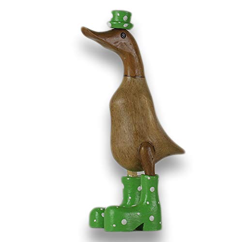 ART-CRAFT Holz Ente Lauf Ente Gartendeko Figur aus Bambus Wurzel und Teak Holz mit Stiefel und Hut Gruen 25cm hoch von ART-CRAFT