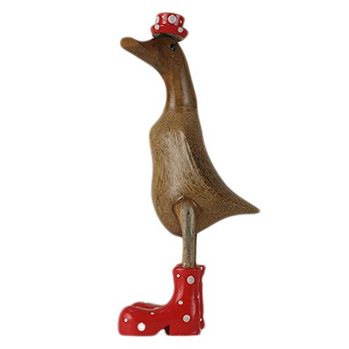 ART-CRAFT Holz Ente Lauf Ente Gartendeko Figur aus Bambus Wurzel und Teak Holz mit Stiefel und Hut Rot 25cm hoch von ART-CRAFT