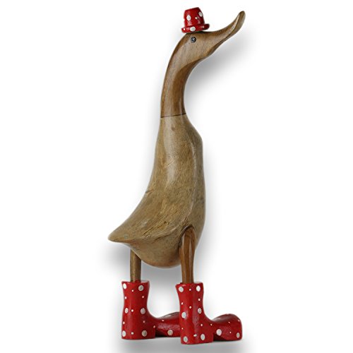 ART-CRAFT Holz Ente Lauf Ente Gartendeko Figur aus Bambus Wurzel und Teak Holz mit Stiefel und Hut Rot 45cm von ART-CRAFT