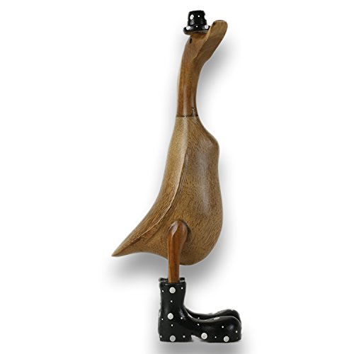 ART-CRAFT Holz Ente Lauf Ente Gartendeko Figur aus Bambus Wurzel und Teak Holz mit Stiefel und Hut Schwarz 45cm von ART-CRAFT