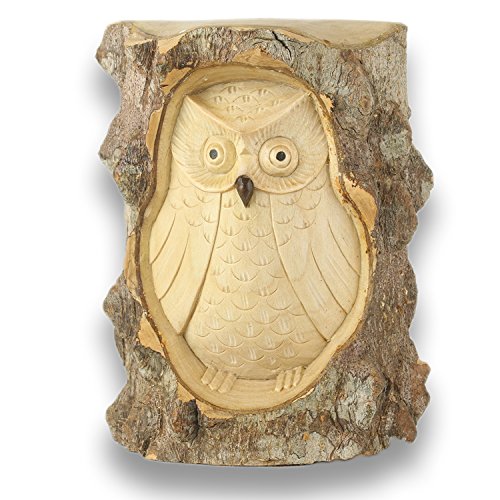 ART-CRAFT Holz Eule handgeschnitzt in einem halben Baumstamm aus Krokodilholz 15cm von ART-CRAFT