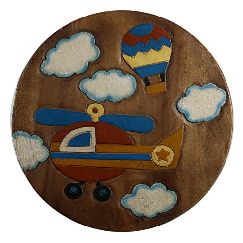 ART-CRAFT KH071 Kinderhocker Holz Schemel mit Motiv Hubschrauber bemalt und beschnitzt extra große Sitzfläche Ø 30cm LxBXH = 30x30x27cm von ART-CRAFT