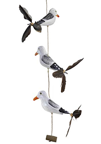 ART-CRAFT Möwe Rudi-Windspiel mit 3 Deko Vögel incl. Feder Propeller Holz Tierfiguren als Maritime deko, Balkon deko oder als Garten Dekoration Plus 3 x Ersatzfedern von ART-CRAFT