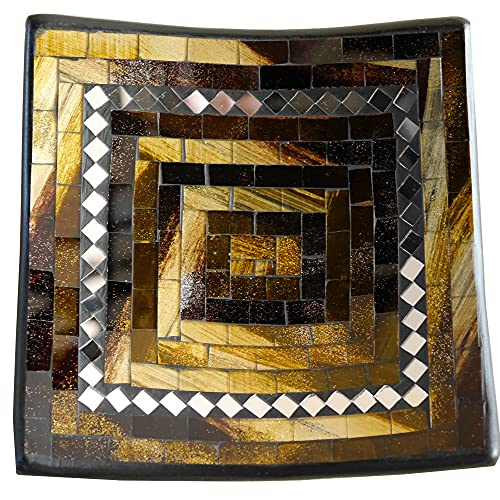 ART-CRAFT Dekoschale Mosaikschale braun mit Spiegel Tonschale Schlüsselschale aus Terracotta mit handbemalten Glaselementen zu einem schönen Muster von Hand gearbeitet von ART-CRAFT