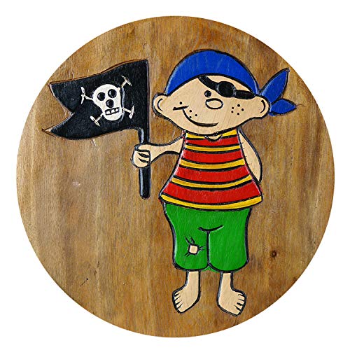 ART-CRAFT Vielseitiger Kinderhocker Holzhocker rund aus Massivholz Motiv Pirat mit Flagge mit vielen Einsatz Möglichkeiten von ART-CRAFT