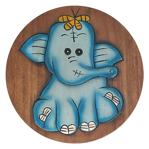 ART-CRAFT Vielseitiger Kinderhocker Holzhocker rund aus Massivholz Tiermotiv Elefant blau mit vielen Einsatz Möglichkeiten von ART-CRAFT