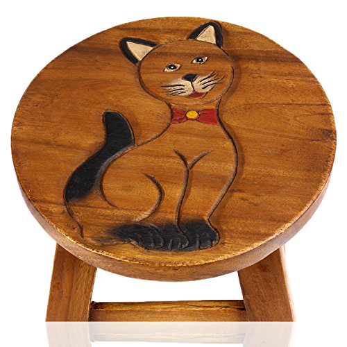 ART-CRAFT Vielseitiger Kinderhocker Holzhocker rund aus Massivholz Tiermotiv Katze sitzend mit vielen Einsatz Möglichkeiten von ART-CRAFT