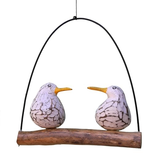 ART-CRAFT Zwei schaukelnde Möwen aus Holz auf Treibholzstück im romantischen Landhaus-Stil mit White Wash Optik im Shabby Chic Stil von ART-CRAFT
