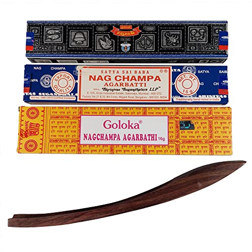 Nag Champa Goloka Agarbathi + Nag Champa Super Hit + Satya Sai Baba Nag Champa+ Räucherstäbchenhalter aus edlem Holz von ART-CRAFT