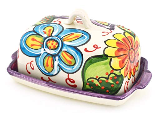 Ceramic BUTTER DISH, handmade and handpainted in flower decoration. 6,50 x 5,12 x 3,94 (PURPLE) by ART ESCUDELLERS von ART ESCUDELLERS