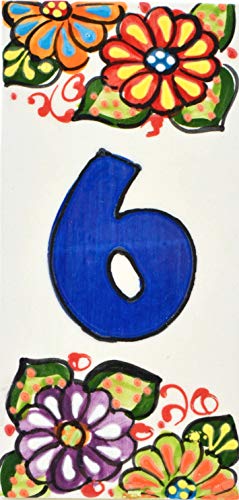 Hausnummer. Schilder mit Zahlen und Nummern auf Keramikkachel. Handgemalte Kordeltechnik fuer Schilder mit Namen, Adressen und Wegweisern. Design JARDIN 14,5 cm x 7 cm (Nummer SECHS "6"). von ART ESCUDELLERS