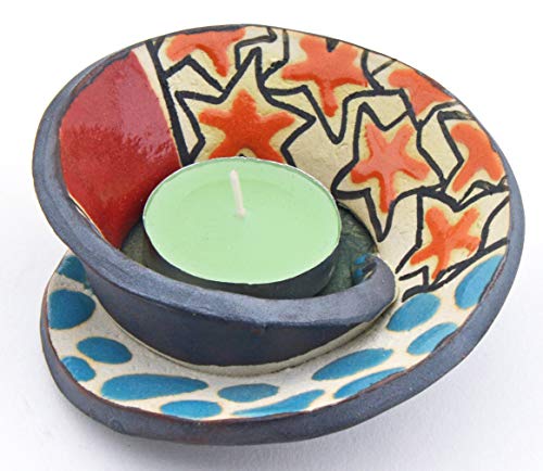 Runder Keramik-Kerzenhalter Nr. 1, handgefertigt und handbemalt, mit mehrfarbiger FocArt-Dekoration, 10 x 10 x 3 cm von ART ESCUDELLERS